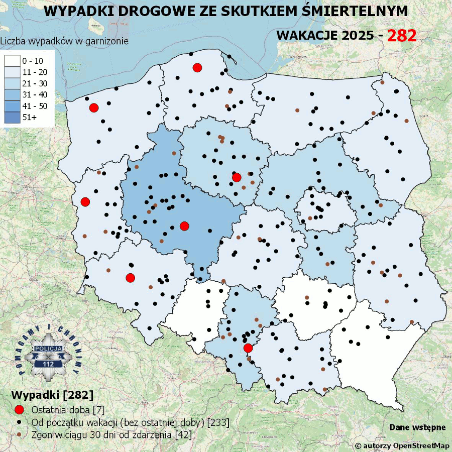 Mapa prezentująca liczbę wypadków poprzedniej doby w Polsce. Prezentowane dane są dostępne w tekście poniżej.